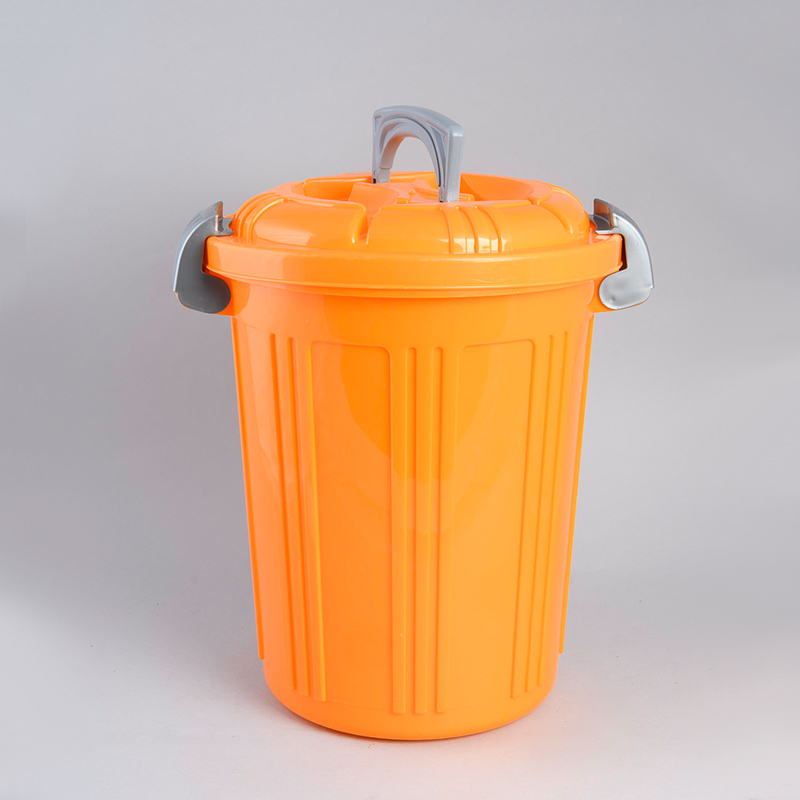 Mülleimer orange mit Deckel – Happy-Verleih